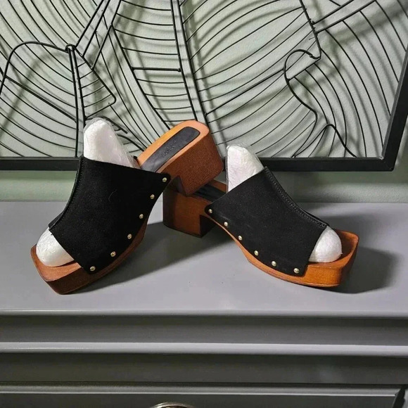 Asos Design | BLACK Suede Clogs Mules with Antique Gold  Tone Studs - Picture 1 of 11